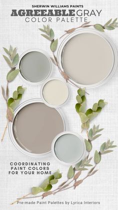 three shades of gray paint with green leaves on the top and bottom, in different colors