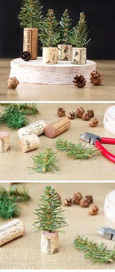 there are three pictures of different things made out of wine corks and pine cones