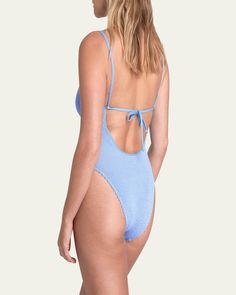 bondeye swim "Elena" textured onepiece swimsuit    V neckline    Adjustable straps    Lowscoop back    Midback ties    Highcut legs    Moderate seat coverage    Polyamide/elastane    Hand wash    Made in Australia One-piece Bodysuit With Tie Back For Beach, One-piece Tie Back Bodysuit For Beach, Seamless Backless Bodysuit For Beach, Seamless Backless Bodysuit For Vacation, Backless Seamless Bodysuit For Vacation, Backless Nylon One-piece Swimwear For Beach, Vacation Nylon Backless Bodysuit, Seamless Low Back Bodysuit For The Beach, Beach Bodysuit Seamless Low Back