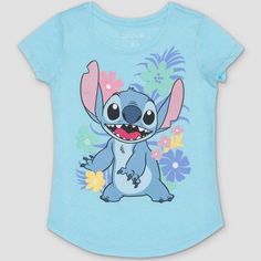 Girls' Lilo & Stitch Short Sleeve Graphic T-shirt - Blue L : Target Stitch Clothes, Summer Baby Clothes, Stitch And Angel, Stitch Shirt, Fabric Tape, Girls Characters, Top Graphic Tees, Kids Outfits Girls, Lilo And Stitch