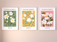 three flower market posters hanging on the wall