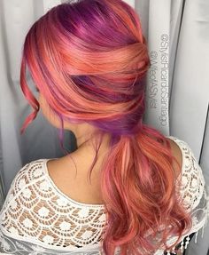 Peach And Purple Hair, Orange Purple Hair, Orange And Purple Hair, Purple And Orange Hair, Halloween Hair Color Ideas, Halloween Hair Color, Purple Hair Dye, Pelo Color Vino