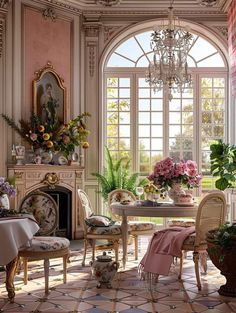 a dining room filled with lots of furniture and flowers