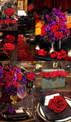 a collage of photos with red and purple flowers on them, including roses in vases