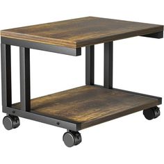 a wooden table with two wheels on the bottom and an end table on the top