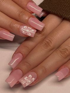 Hawaiian Flower Nails Y2k, Trendy Nails For School, Hawaiian Flower Nails Square, Natural Pink Nails With Flowers, Pink Flower Nails Square, Nail Inspo Square Flower, Nails Acrylic Almond Medium, Pink Nails With Hawaiian Flower, Pink White Flower Nails