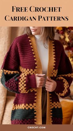 a woman wearing a crochet cardigan with text that reads, free crochet cardigan patterns