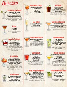 a menu with different types of cocktails and drinks on it's sides, including beverages