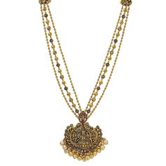 An image of an ornate 22K yellow antique gold necklace with a large pendant designed by Virani Jewelers 22k Gold Temple Necklace With Tilla For Puja, Traditional Kundan Pearl Necklace In Yellow Gold, Traditional Yellow Gold Kundan Pearl Necklace, Gold Pearl Necklace With Intricate Design For Diwali, Diwali Gold Pearl Necklace With Intricate Design, Yellow Gold Pearl Necklace For Festivals And Celebrations, Festive Yellow Gold Pearl Necklace, 22k Gold Pearl Necklace For Diwali, Yellow Gold Chandbali Temple Necklace For Puja