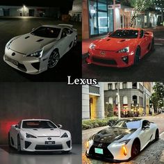 four different types of sports cars parked in front of a building at night and on the street