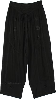 These straight comfortable pants are simple black, yet sophisticated. Intricately embroidered floral patterns adorn the thighs and the bottom hem of these pants, adding a touch of delicate charm to your outfit. #tlb #SplitSkirtsPants #Embroidered #Misses #renaissancepants #blackpants #cosplaypants Indian Style Clothes, Bridesmaids Outfits, Squirrel Girl, Corset Waist, Mens Jogger Pants, Hippie Look, Comfortable Pants, Trendy Skirts, Black Clothing