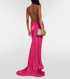 Material: 100% polyester.Care instructions: dry clean.Made in Greece.Designer color name: Magenta.True to size.Low back.Cinched waist.Non-stretchy fabric.The model seen in the picture is 178cm-5'10' and wearing a size FR 36 Satin Stretch Summer Formal Dress, Stretch Satin Formal Summer Dress, Stretch Satin Formal Dress For Summer, Silk Halter Backless Dress With Back Opening, Stretch Satin Summer Dress For Formal Occasions, Summer Formal Stretch Satin Dress, Stretch Satin Backless Evening Dress, Evening Stretch Satin Backless Dress, Stretch Satin Backless Dress For Evening