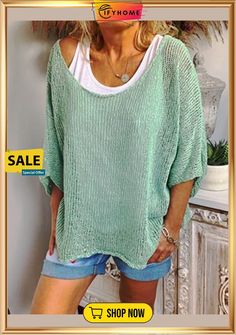 Casual 3/4 Sleeve Knitting Shirt Top Casual Batwing Sleeve Knit Top For Spring, Half-sleeve Tops For Summer Layering, Spring Knit Tops With Batwing Sleeve, Knit Sweater With 3/4 Sleeves, Half Sleeve Tops For Summer Layering, Summer Half Sleeve Tops For Layering, Casual Green Summer Sweater, Green Half Sleeve Tops For Fall, Solid Short Sleeve Sweater For Summer