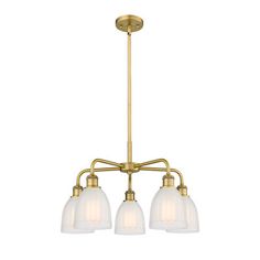 three light brass chandelier with frosted glass shades on the bottom and sides