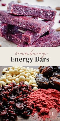 the ingredients for energy bars are shown in this collage, including raisins and cranberries