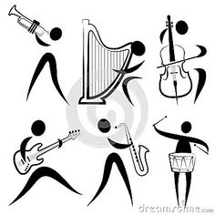 an image of musical instruments and musicians in black and white stockvectors, clipping