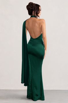 Mademoiselle Bottle Green Satin Asymmetric Scarf Neck Backless Maxi – Club L London - USA Stretch Satin Fabric, Club L London, Backless Maxi Dress, Floor Length Prom Dresses, Scarf Neck, Evening Dresses Cocktail, Prom Dress Inspiration, Backless Maxi Dresses, Vestidos Prom