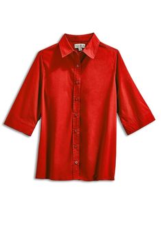 Beauty starts with the basics – and the simple elegance of this woven button front shirt is living proof. This essential shirt features a full button front, three quarter length sleeves and a shirt collar for style. Button front ¾ length sleeve Shirt collar 4 colors S, M, L, XL, 2X Seamless Clothing, Red Shirts, Halloween Fits, Essential Shirt, Living Proof, Camp Shirt, Women Essentials, Red Shirt, Button Front Shirt