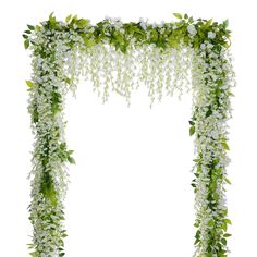 the frame is covered with white flowers and greenery