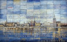 a painting with words written on it and buildings in the background that are reflected in water