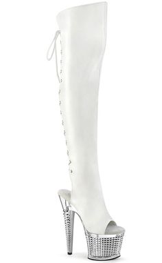 SPECTATOR-3019 White/Silver Chrome Thigh High Boots-Pleaser-Tragic Beautiful Silver Thigh High Boots, Pole Dance Fitness, White Thigh Highs, 7 Inch Heels, Silver Platforms, Platform Heels Boots, Pleaser Shoes, Dance Fitness, Professional Dancers