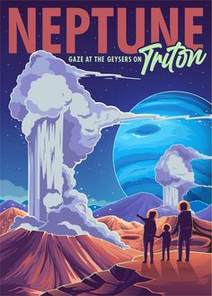 an image of two people standing in front of a volcano with the words neptune triton on it