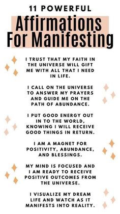 the 11 powerful affirmations for manifesting poster with an orange and white background