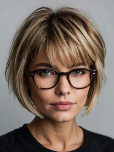 👍 Short Bob Women Haircut, Short With Bangs Hairstyle Women, Long Bob With Bangs And Glasses, Short Hair Layered Bob, Stacked Hair With Bangs, Short Fall Hair With Bangs, Short Hairstyles With Bangs And Layers, Glasses Frames For Women Short Hair, Bobs With Short Bangs