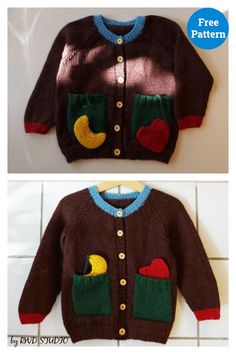 two pictures of the same sweater with different colors and shapes, one has a heart on it