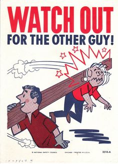 an advertisement for the television show watch out for the other guy, featuring two men carrying a giant wooden plank