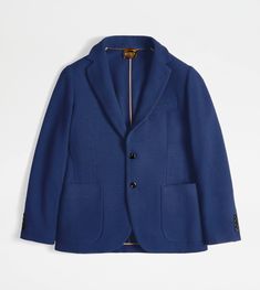 Unlined blazer in wool and cashmere jersey, characterized by lapels, breast pocket with leather piping and patch lower pockets, one with an embroidered T. Fastened with branded buttons, it interprets an informal and relaxed elegance. Relaxed Elegance, Blue Back, Gift Boutique, Trainers Women, Piping, Custom Made, Ready To Wear, Cashmere, Online Shop