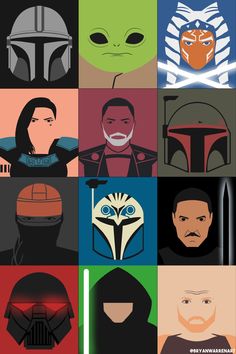 the star wars characters are all different colors and sizes, but one is wearing a helmet