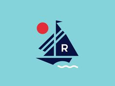 a sailboat with the letter r on it's side in blue and red