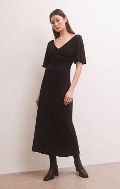 Holt Flutter Midi Dress-Dresses-Vixen Collection Dress Home, Draped Dress, Midi Dress With Sleeves, Flutter Sleeves, Black Midi Dress, Fall Dresses, Spandex Fabric, Dresses Xs, Flutter Sleeve