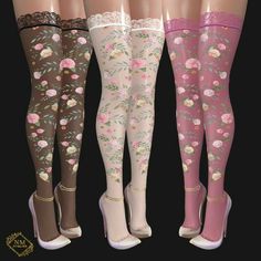 three pairs of women's thigh high socks with flowers on them