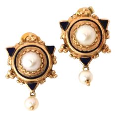 This lovely vintage earrings are crafted from 14k yellow gold with a polished finish. It has a three points design with blue enamel and a small mabe pearl in the center mounted in multi-prong setting. Dangling below is a smaller pearl. Comes with standard posts and has the 14k stamp.    Material: 14k yellow gold and blue enamel  Measurement: 1.05" long x 0.62" wide x 0.30" high  Pearl:  large: 6mm    Small: 4.3mm  Weight: 5.4 grams Fine Jewelry Enamel Earrings For Formal Occasions, Formal Fine Jewelry Enamel Earrings, Formal Enamel Earrings In Fine Jewelry Style, Formal Enamel Earrings Fine Jewelry, Classic Enamel Earrings For Formal Occasions, Classic Formal Enamel Earrings, Classic Gold Enamel Earrings, Antique Yellow Gold Cabochon Earrings, Elegant Yellow Gold Enamel Clip-on Earrings