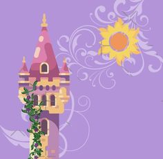 an image of a castle with flowers and sun in the sky behind it on a purple background