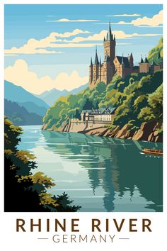 Rhine River Germany Section Travel Art Vintage Poster Vintage German Poster, German Poster Design, German Paintings, Germany Wallpaper, Europa Art, Germany Illustration, Poster Examples, German Poster, Germany Poster