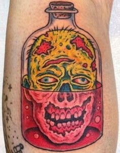 a skull in a glass bottle tattoo on the leg