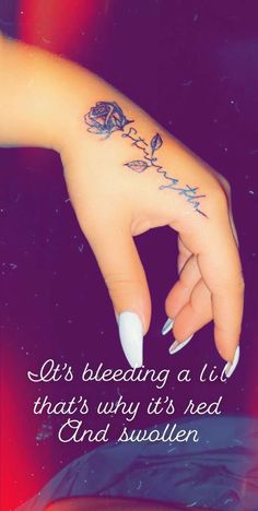 Sleeve Into Hand Tattoo, Be Your Best Self Tattoo, Strength Finger Tattoo, How To Add To Existing Tattoos, Rose Strength Tattoo, Flower Strength Tattoo, Cute Meaningful Tattoos Unique, Let Them Tattoo On Hand, Strength Rose Tattoo