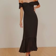 The Butterfly Is Off The Shoulder With Elastic Ruffle Sleeves. It Features A Fitted Bodice And A Relaxed Skirt With A Ruffle Hem. This Dress Gives Your Shoulders Some Breathing Room. - Center Back Zipper - Lined Bodice - Off-The-Shoulder - Open Upper Back - Partially Lined Skirt - Ruffle Edged Hem - Ruffle Edged Sleeve - Slim Fitting Bodice - Strapless Bra Friendly - Sweetheart Neckline Black Is Currently Not Sold On Their Website In Excellent, Like New Condition Black Sweetheart Neckline Dress With Ruffles, Black Dresses With Ruffles And Butterfly Sleeves, Black Puff-sleeve Ruched Midi Dress, Reformation Butterfly Dress, Black Midi Dress With Ruffle Sleeves And Details, Skirt Ruffle, Breathing Room, Reformation Dress, Butterfly Dress