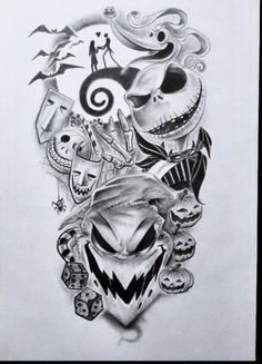 a drawing of a skull with many different things on it's face and eyes