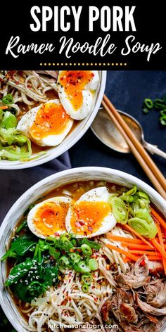 two bowls filled with ramen noodle soup and topped with hard boiled eggs