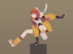 an anime character is posing on a pedestal