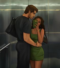 a man and woman standing next to each other in an elevator