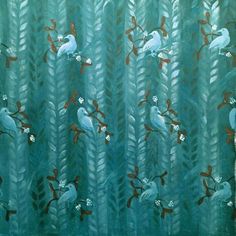 a painting of birds sitting on branches with flowers in their beaks and behind them is a blue curtain