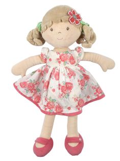 Scarlet has a soft spot for flowers, so she's decked up in a detachable outfit and shoes with the motif. Her features, especially her eyes, are stitched so beautifully. Scarlet is the ideal playmate for your child since she is lovable and cuddly. She is very eco-friendly because to the PET fibers that fill her. Height: 13.7 inches Age Recommendation: all ages Soft dolls promote emotional and social development Sustainable Biodegradable Socially Responsible Manufacturing Non-Toxic Product Care : For light cleaning, wipe the surface of this ragdoll toy with soapy water and a damp cloth. For full instructions see product label. Material : Skin and Hair - 100% Polyester Soft boa, Dress - 100% Cotton printed, Shoes - 100% Polyester Baby boa Curly Pigtails, Smelling Flowers, Beige Hair, Sustainable Toys, Hair Ribbons, Hair Adornments, Kids Collection, Pink Floral Dress, Child Doll