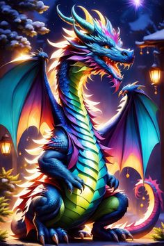 a colorful dragon sitting on top of a floor next to a lamp post in the night