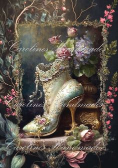 a painting of a boot with flowers in it