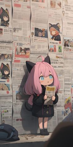 an anime character is reading a book in front of a wall full of news paper